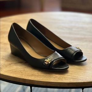 Tory Burch Black Peep Toe Wedge